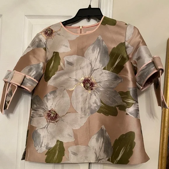 NWOT Ted Baker 'Caytey' Chatsworth Bloom Dusty Pink Bow Sleeve Top - Picture 5 of 15